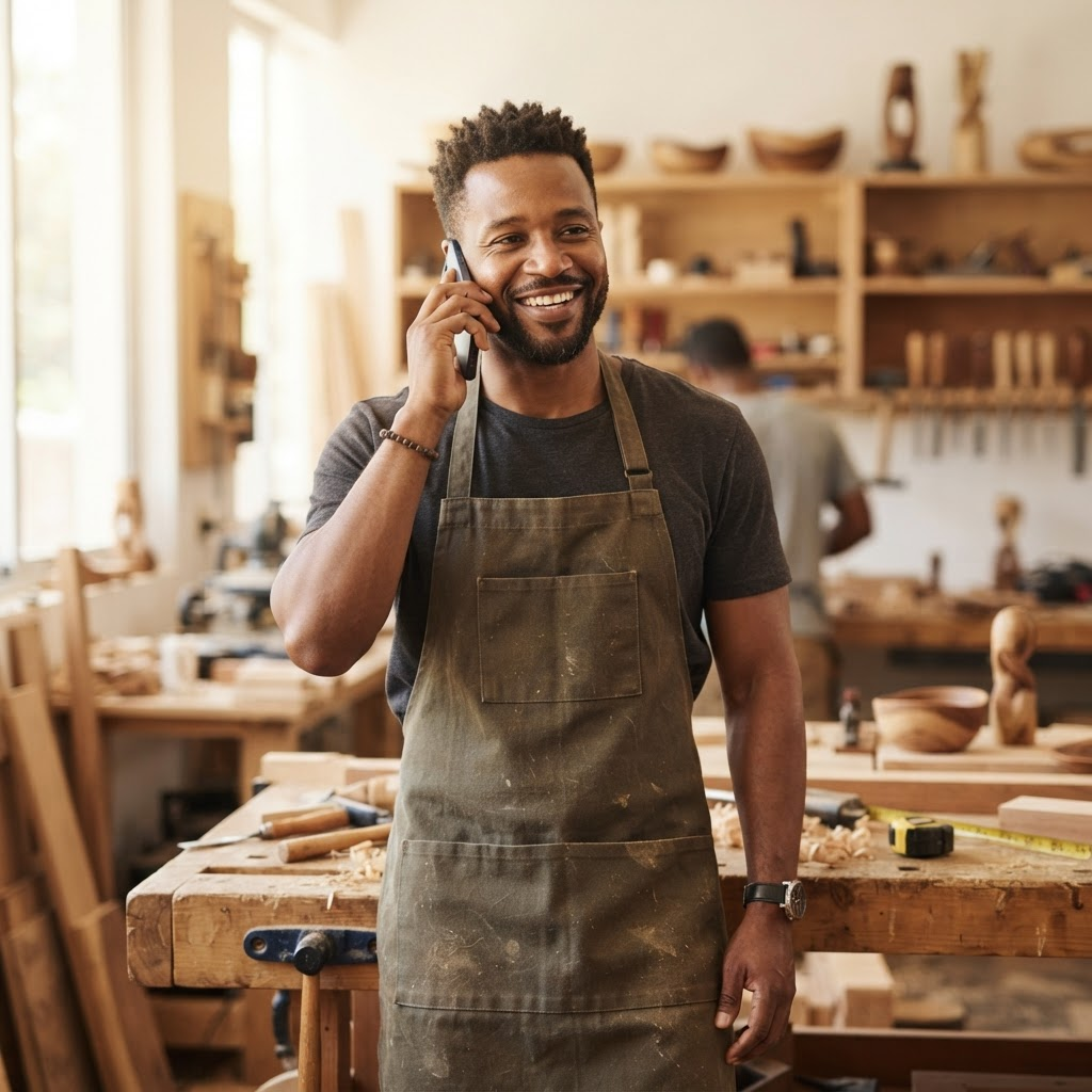 Artisan souriant au téléphone dans son atelier
